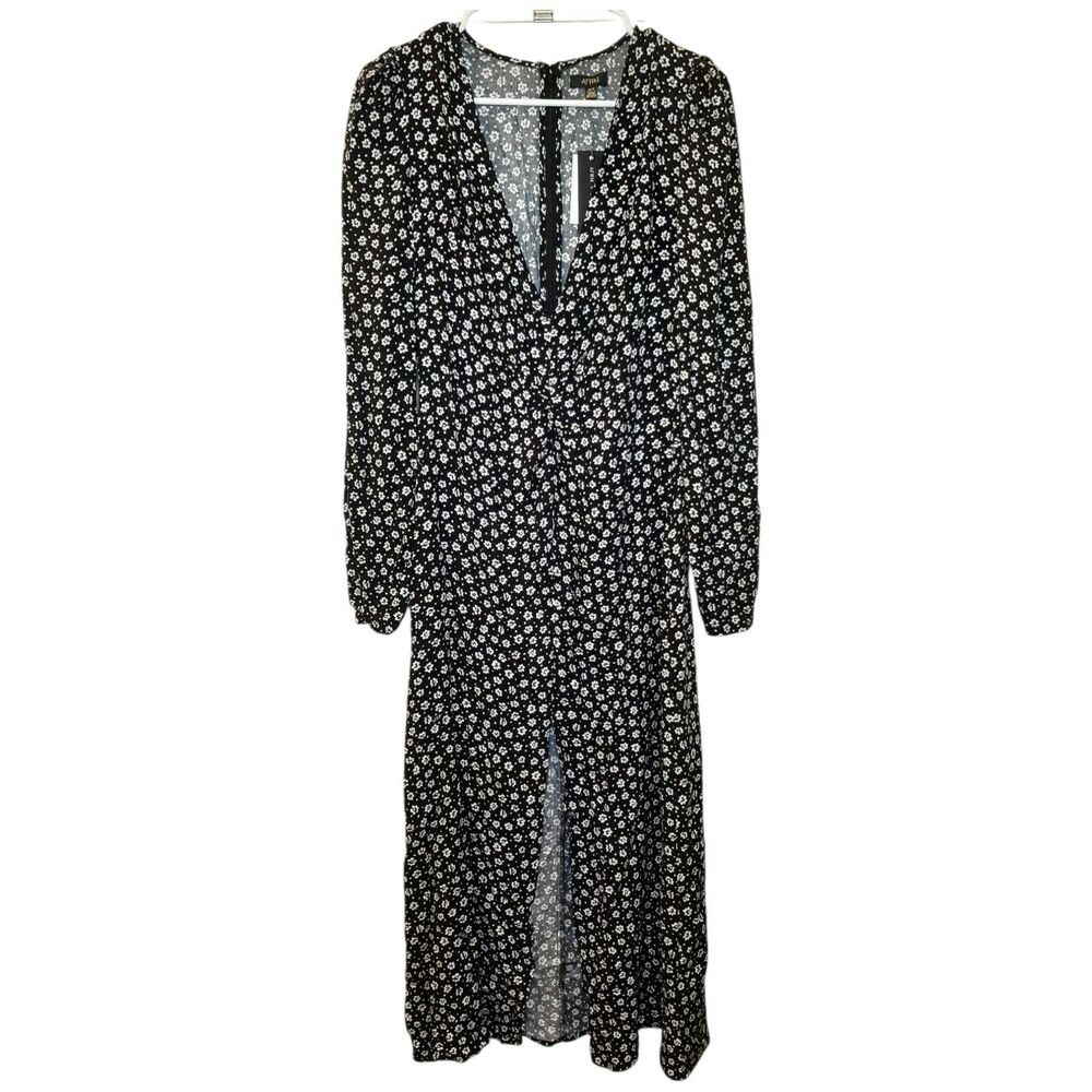 NEW AFRM Nordstrom Madsen Dress Black Women Size M Long Sleeve Ditsy Floral Slit - Picture 2 of 14
